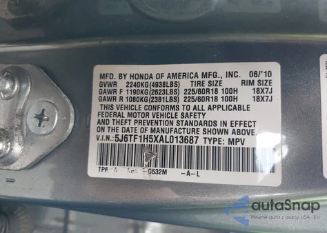 2010 Honda Accord Crosstour Ex-L z USA, uszkodzony, nr VIN 5J6TF1H5XAL013687